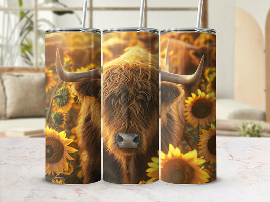 Highland cow with sunflowers on a tumbler.