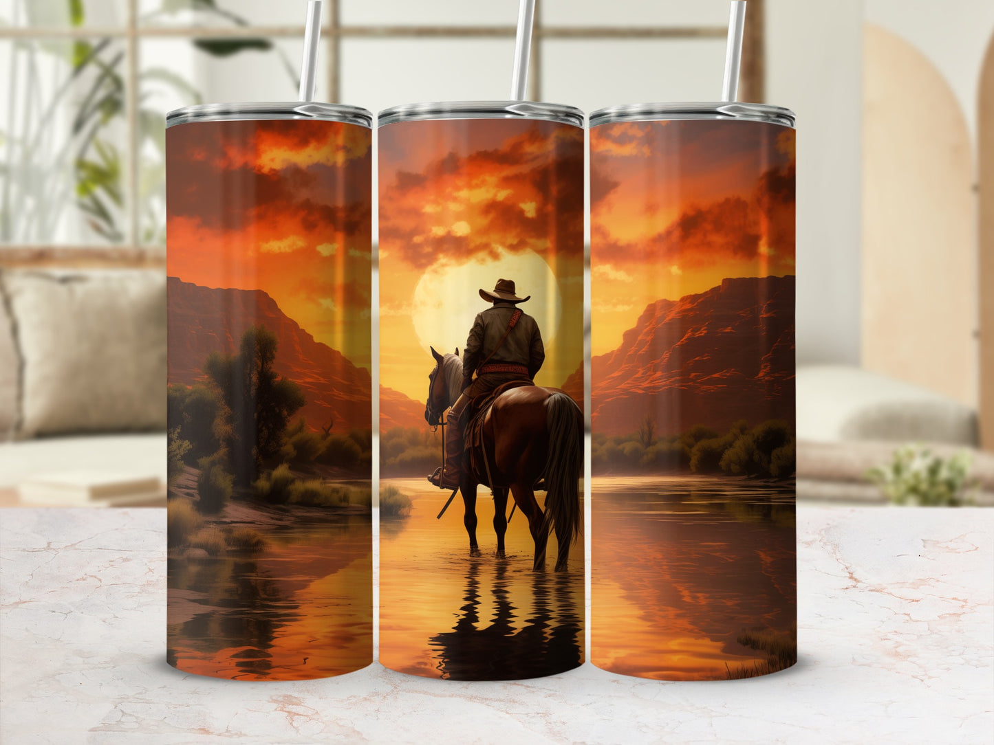 Cowboy on horseback in a river at sunset with mountainous landscape.