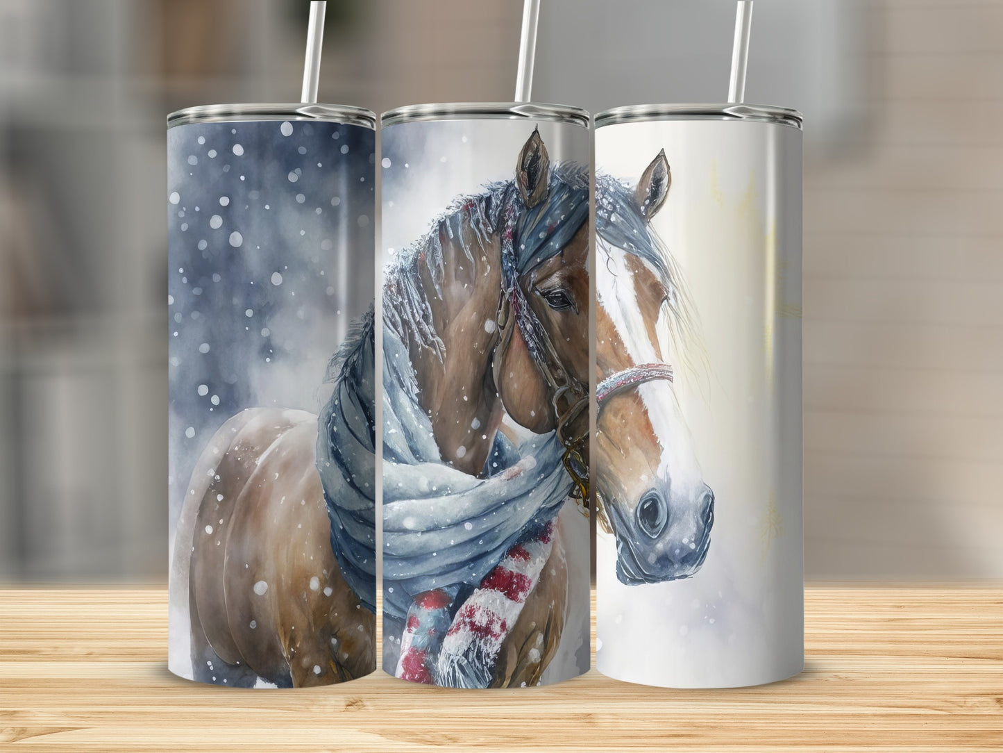 Watercolor horse with a scarf in falling snow on tumblers.
