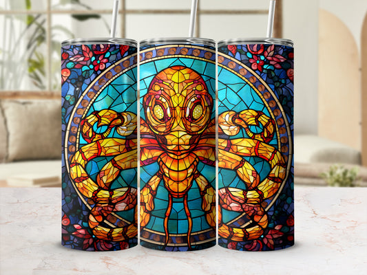 Stained glass octopus design on three tall tumblers with straws.