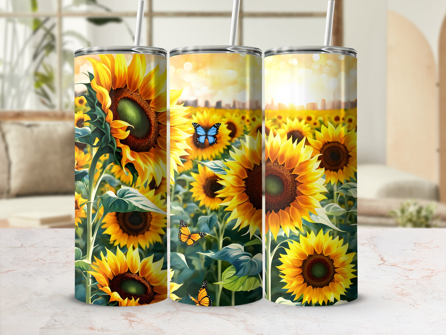 Three sunflowers in a field with butterflies, against a bright, sunny sky.