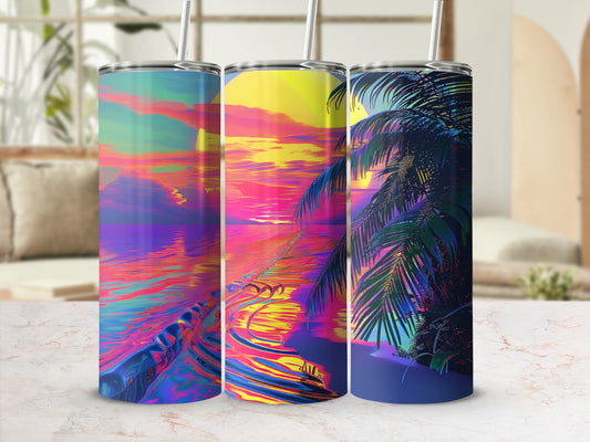 Three colorful tumblers featuring a tropical sunset scene with palm trees.