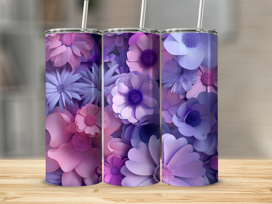 Three tumblers with a floral pattern in shades of purple and pink.