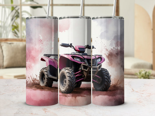 Pink ATV riding through dirt and mud.