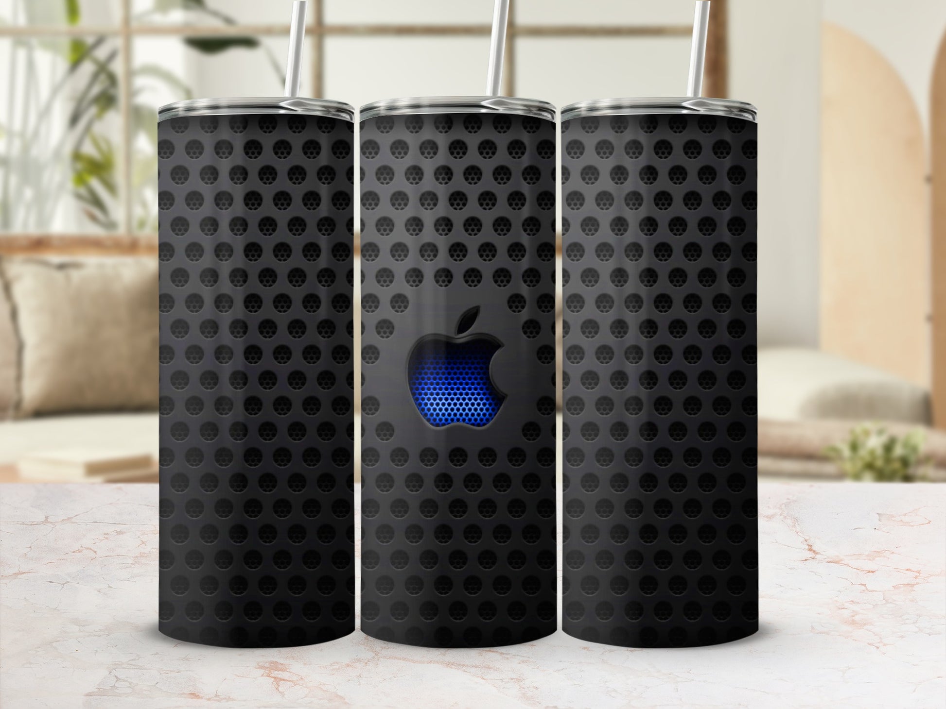 Dark gray grid pattern blue Apple logo tumbler