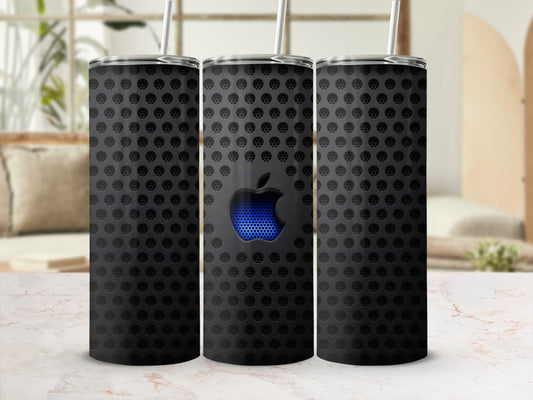 Dark gray grid pattern blue Apple logo tumbler