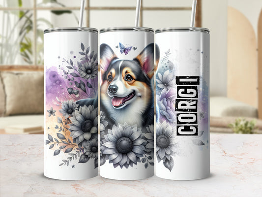 Three tumblers featuring a corgi, sunflowers, and watercolor floral accents.