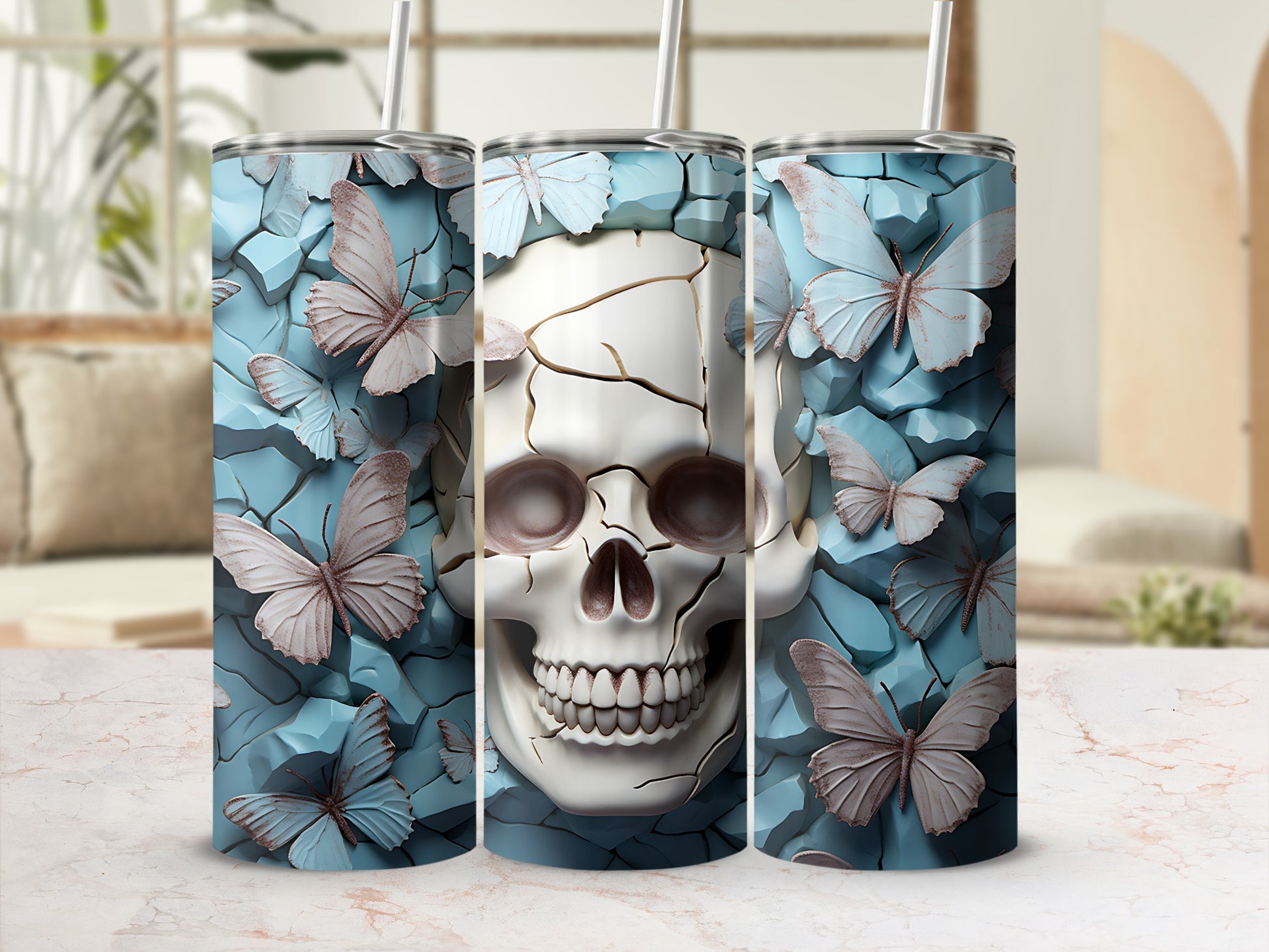 Tumbler with cracked skull and light blue butterflies on textured background.