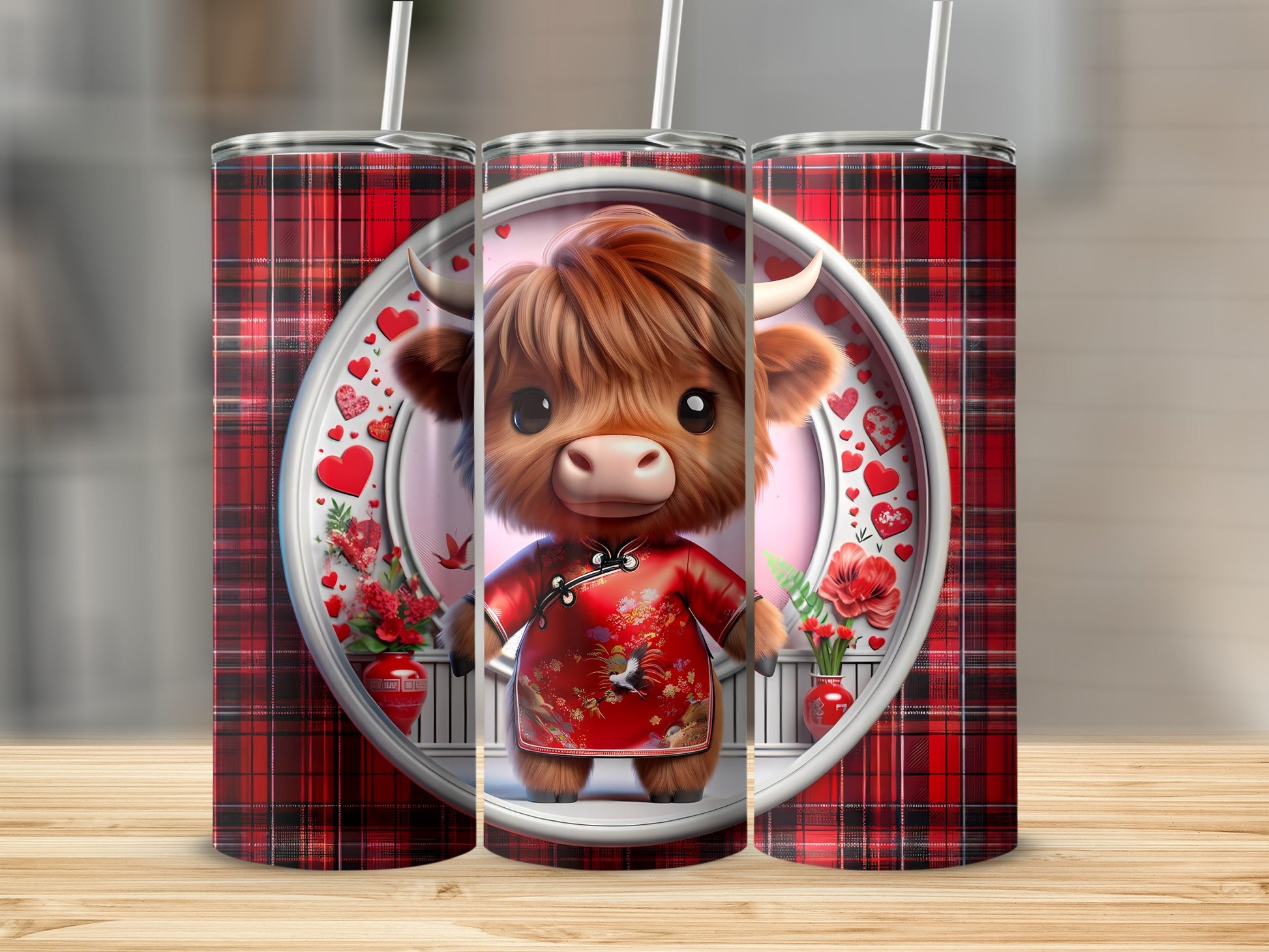 Kawaii Highland cow wearing a red and gold outfit, centered on a plaid background.