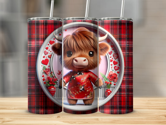 Kawaii Highland cow wearing a red and gold outfit, centered on a plaid background.