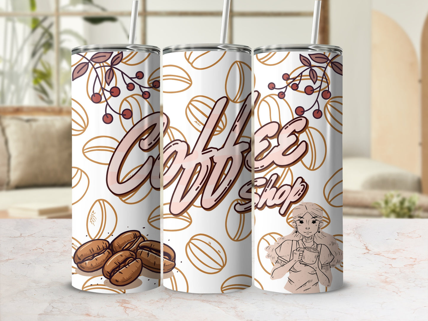 Coffee Shop Design with Coffee Beans Tumbler