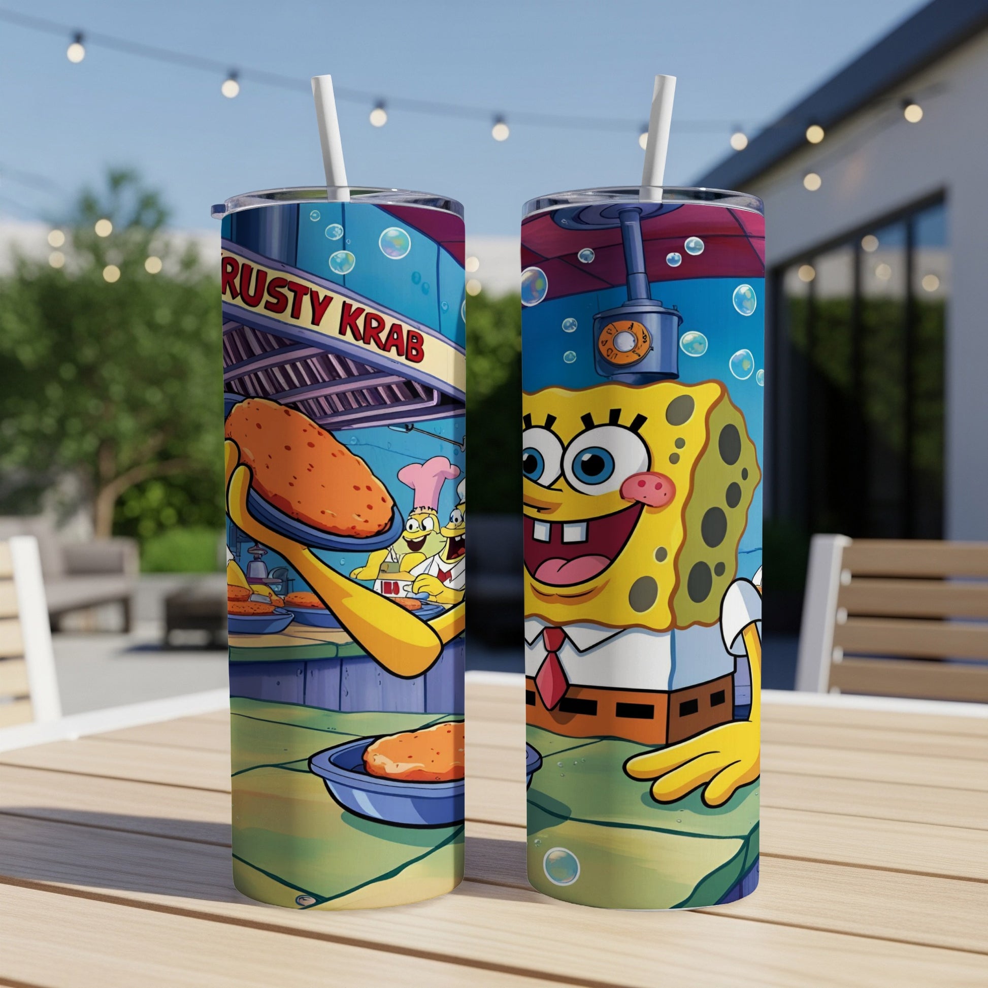 SpongeBob SquarePants characters on tumblers with "Rusty Krab" text.