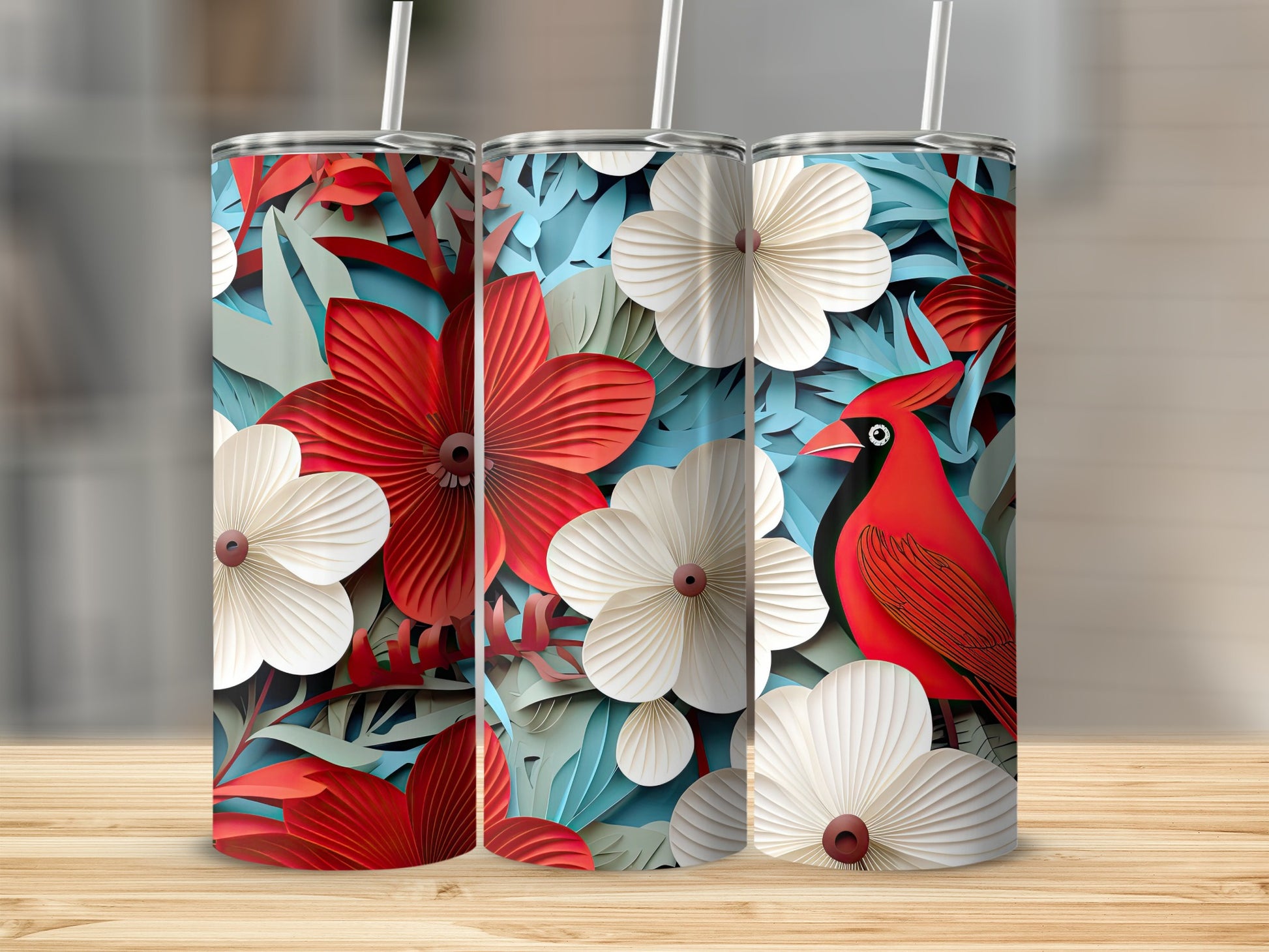 Colorful Floral and Cardinal Design Tumbler Product