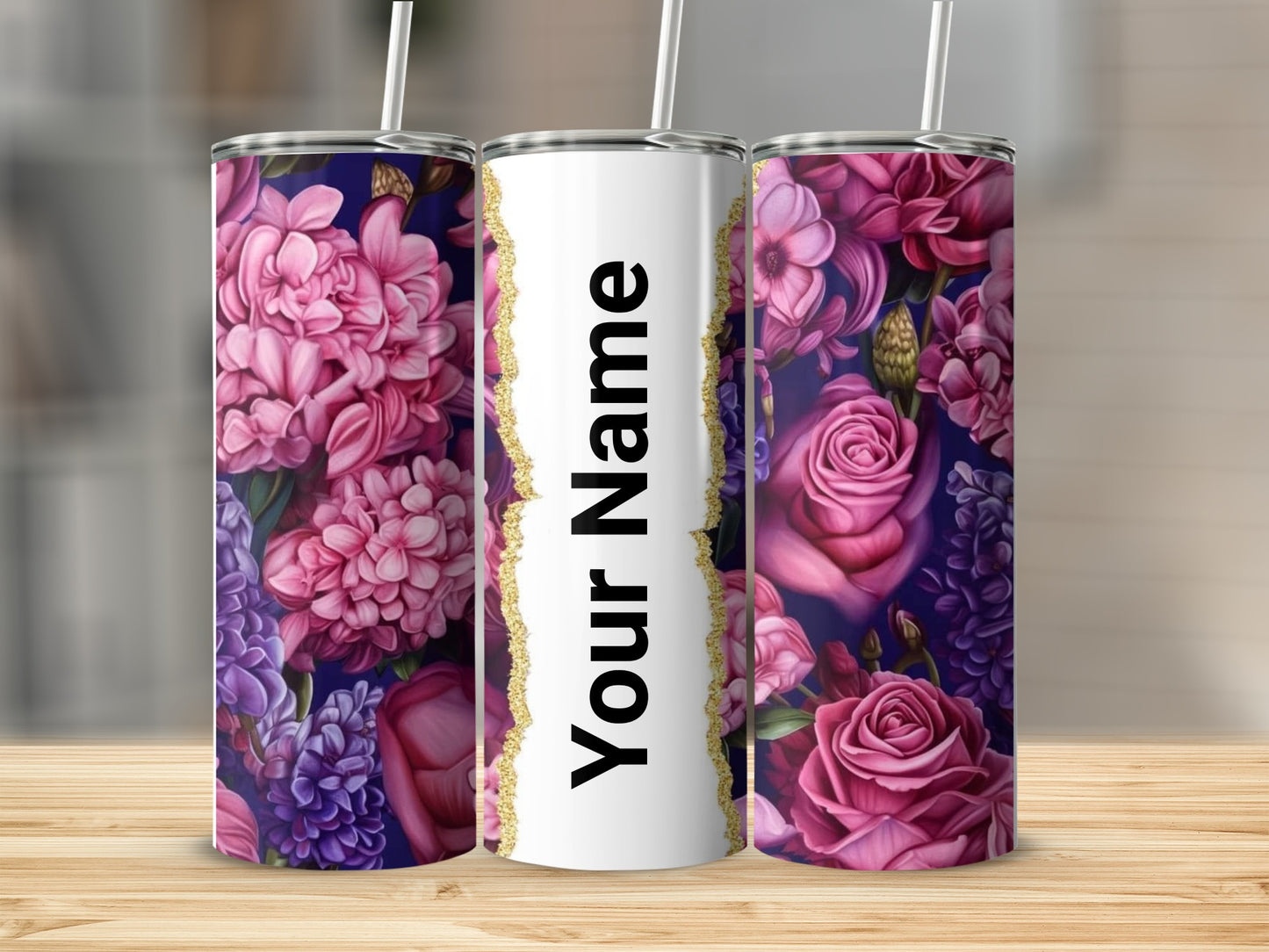 Personalized Floral Pink Purple Name Tumbler Cup