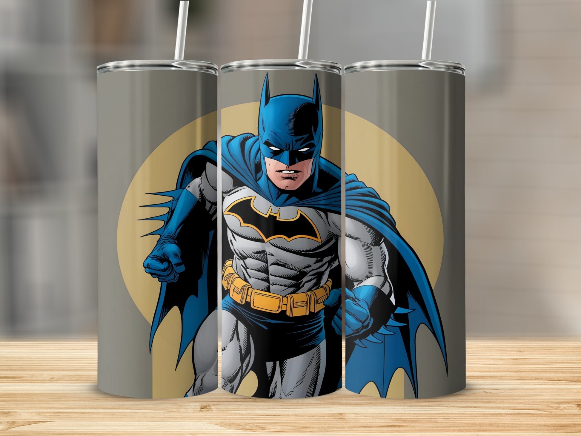 Batman in his iconic costume with a yellow circle behind him.
