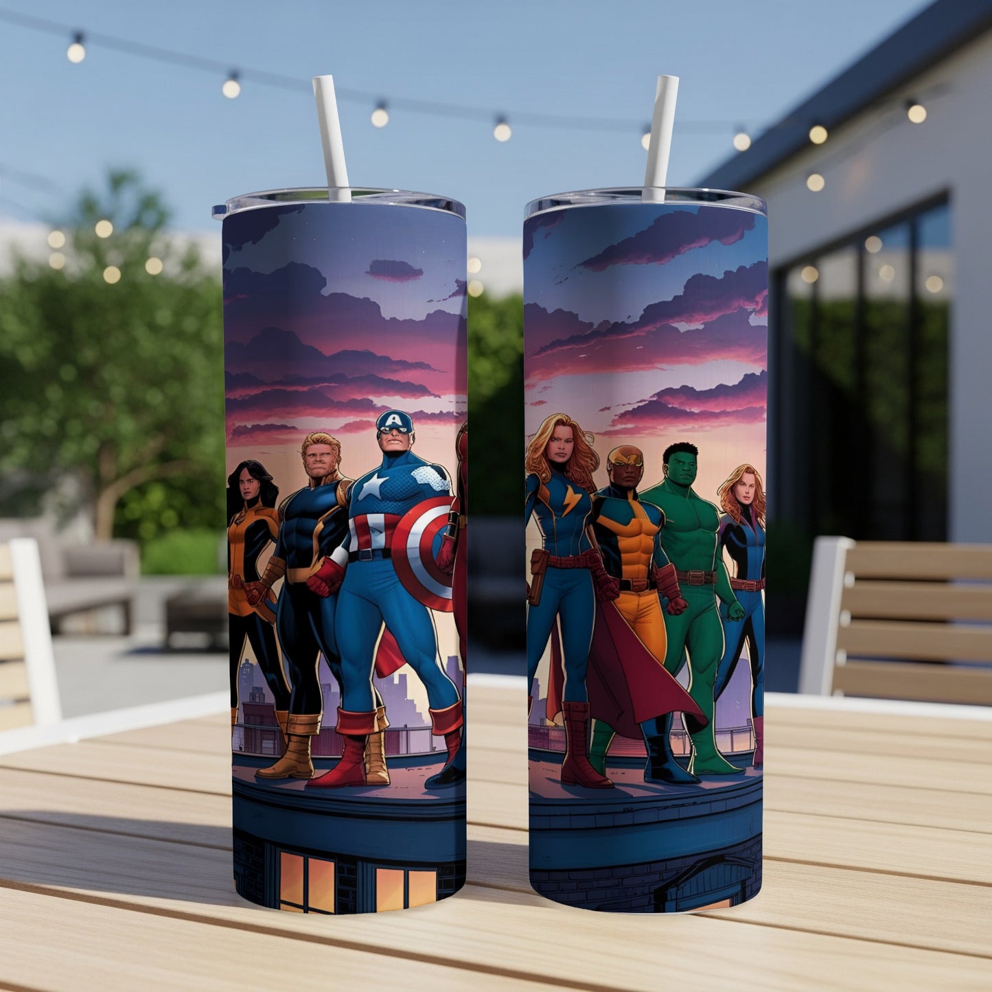 Avengers characters Captain America, Thor, Iron Man, Hulk, and Black Widow on a tumbler.