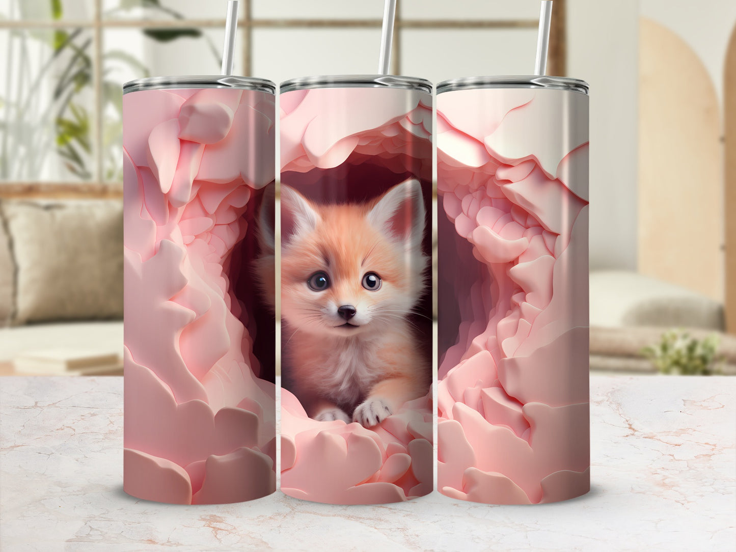 Adorable Fox in Pink Cave Design Insulated Tumbler