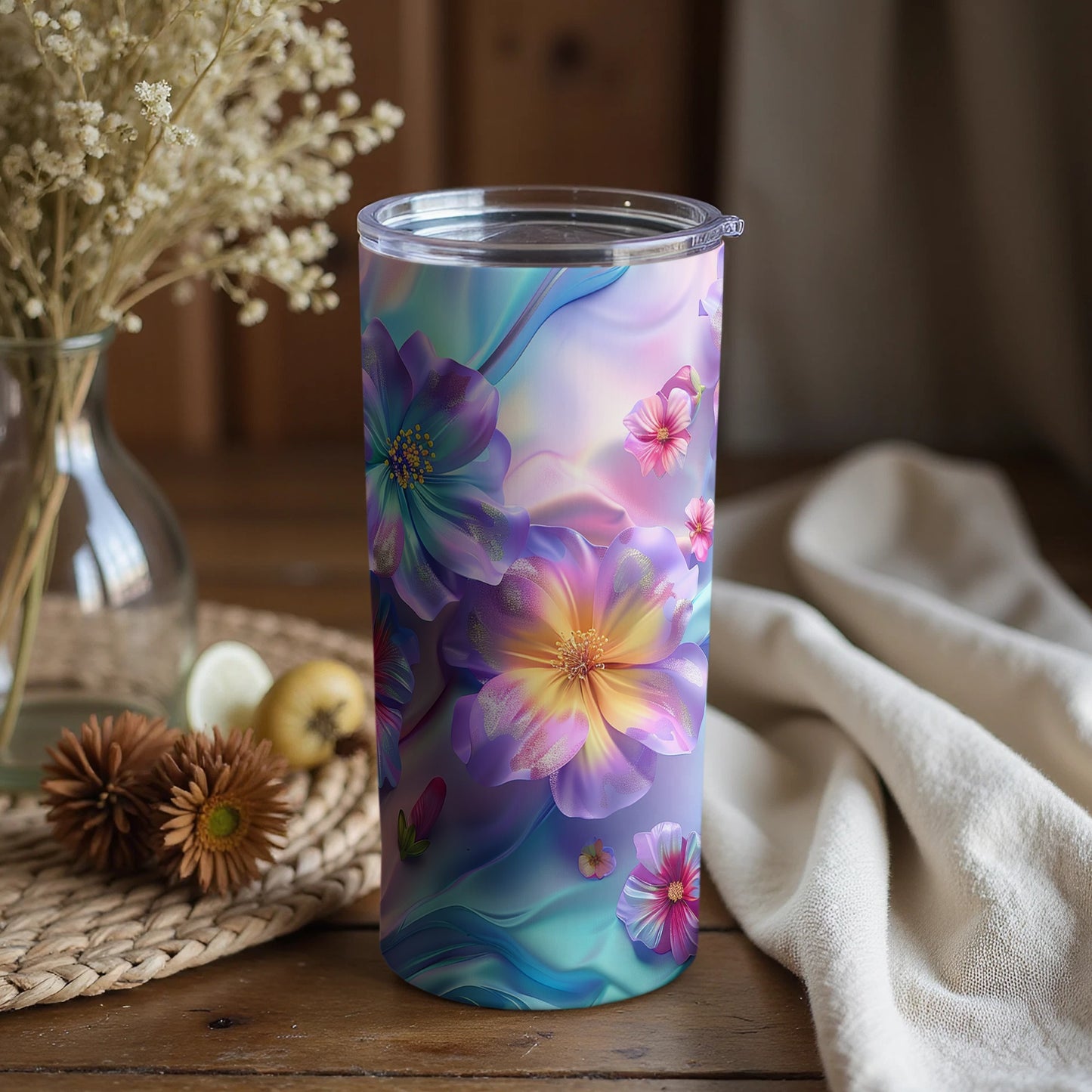 Vibrant Floral Patterned Travel Tumbler with Lid