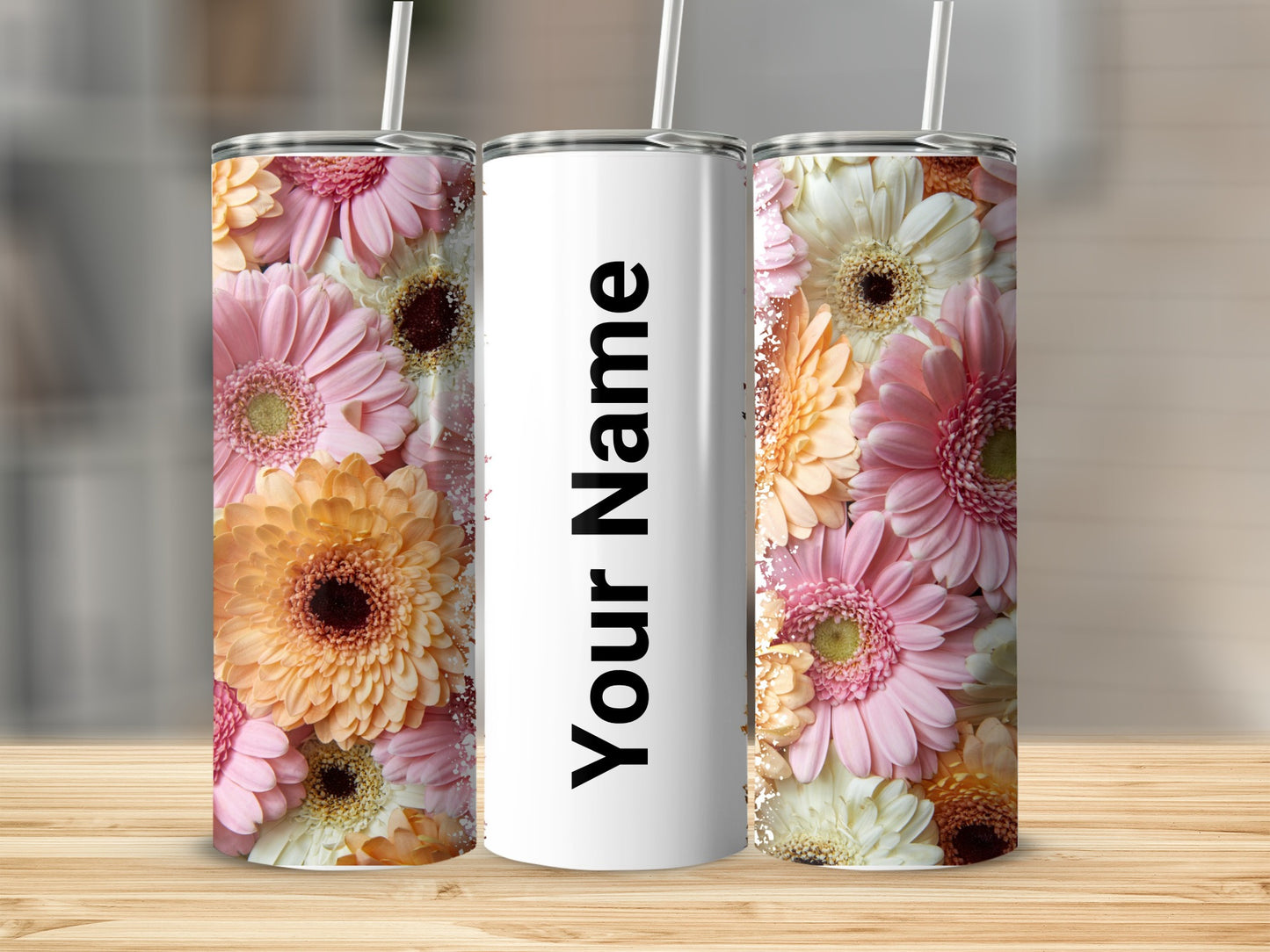 Personalized Floral Design Tumbler with Reusable Straw
