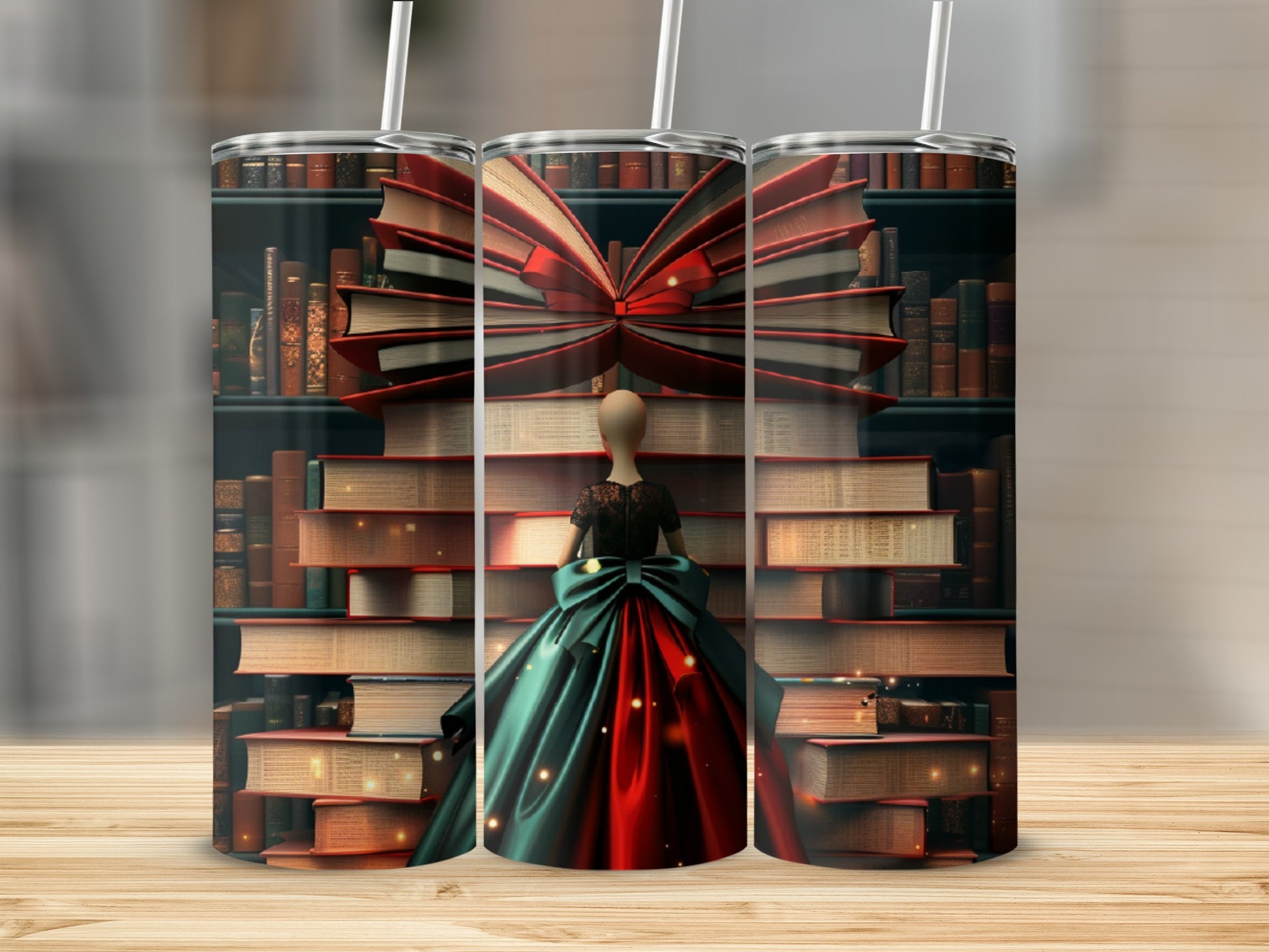 Mannequin in formal dress stands before stacked books, shelves in background.