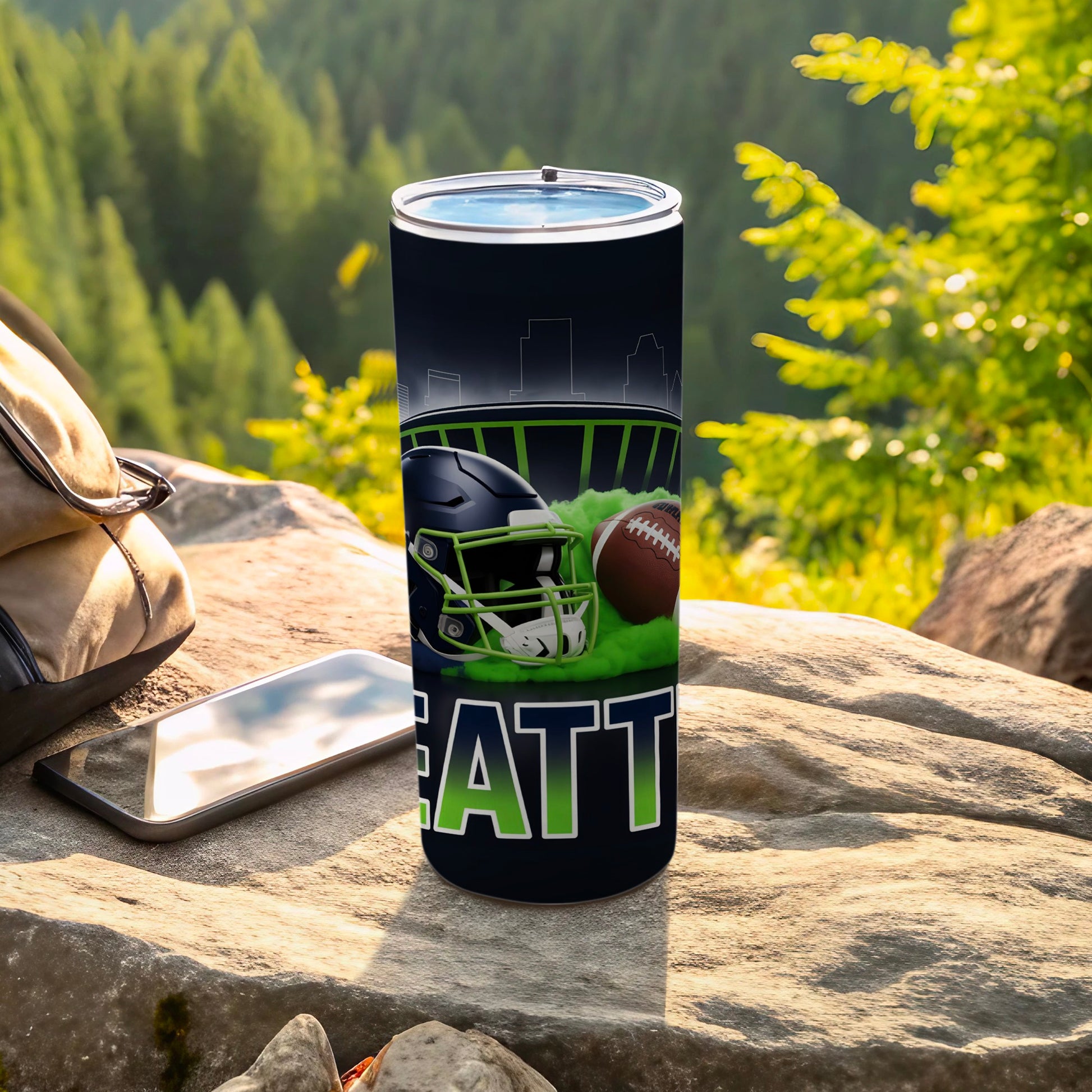 Seattle Seahawks helmet and football on tumbler with city skyline.