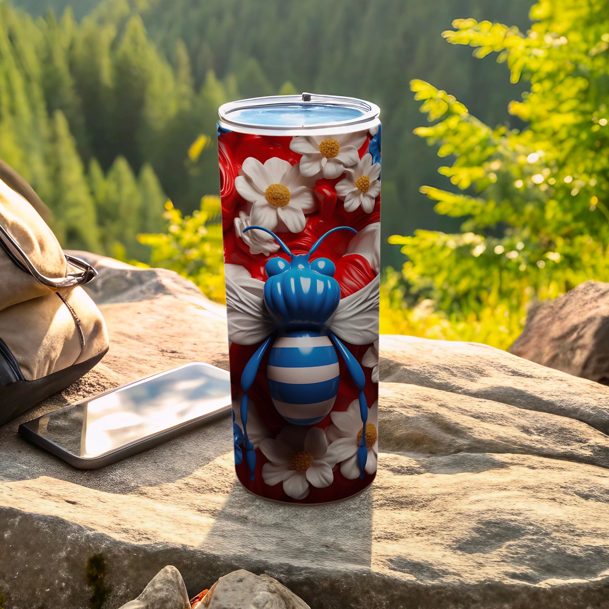 Bee with floral pattern on a red background on a blue and white striped tumbler.