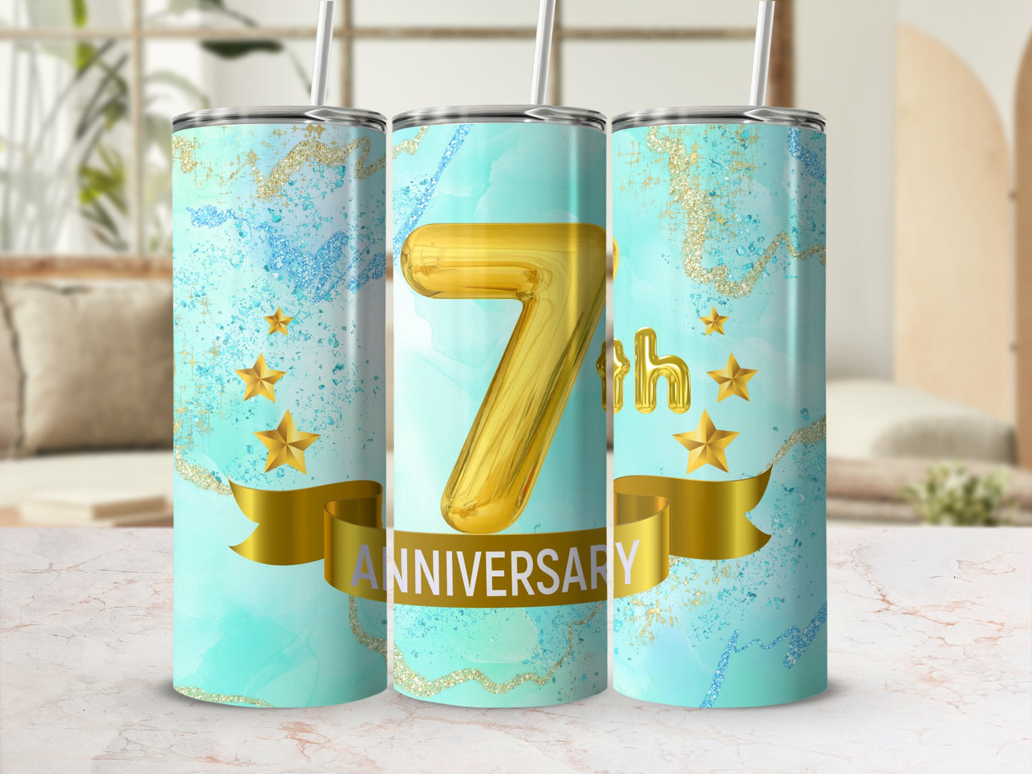 30oz skinny tumbler with gold "7th Anniversary" text on blue marble background.