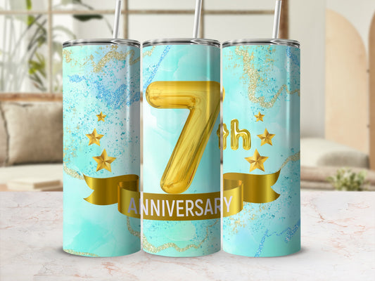 30oz skinny tumbler with gold "7th Anniversary" text on blue marble background.
