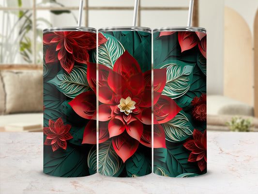 Three tumblers with red poinsettia flower and green leaf design.