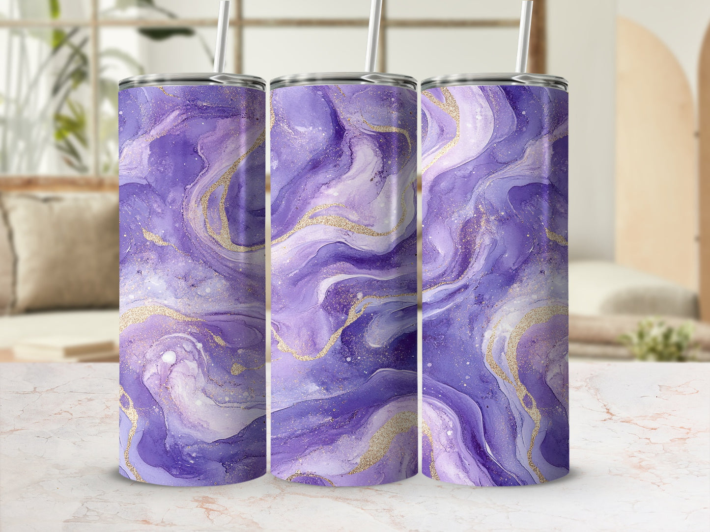 Purple And Gold Abstract Swirls Modern Fluid Art Tumblers