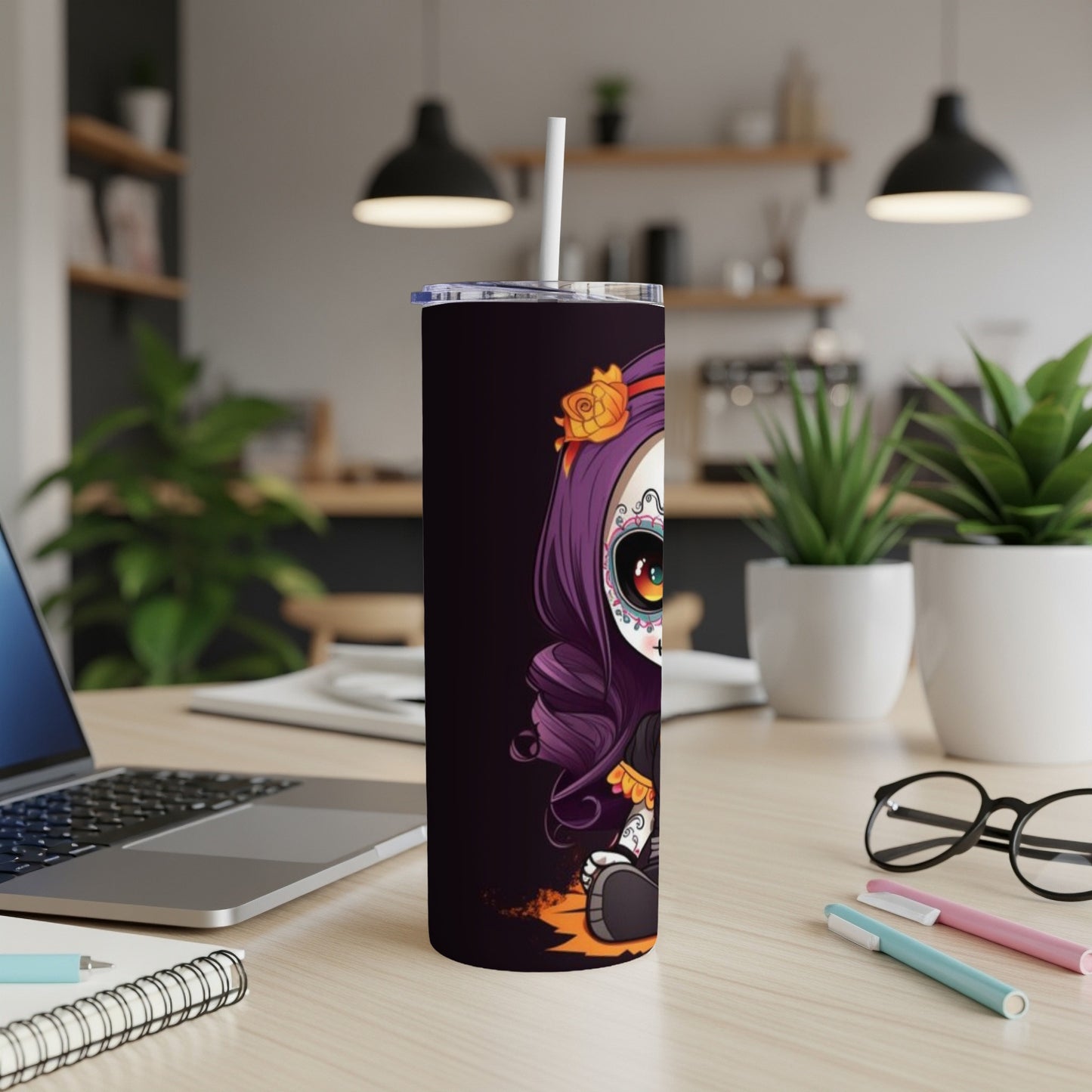 Tall tumbler with purple-haired character in sugar skull makeup and orange flower.