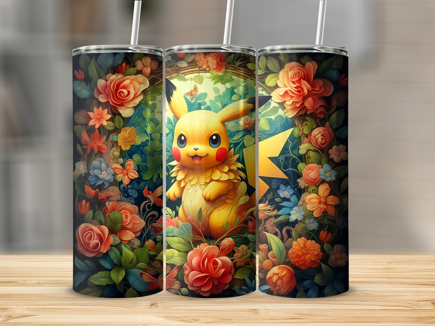 Vibrant Floral Pikachu Inspired Design Tumbler Cup