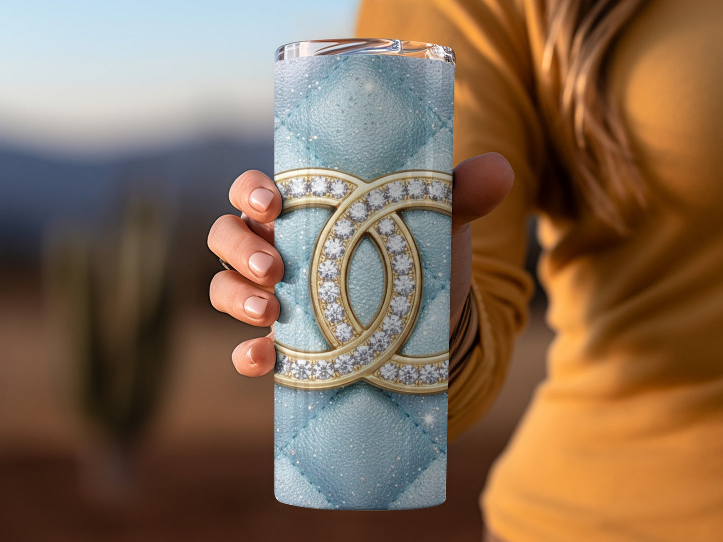 Blue Quilted Design with Gold Interlocking CC Logo Tumbler