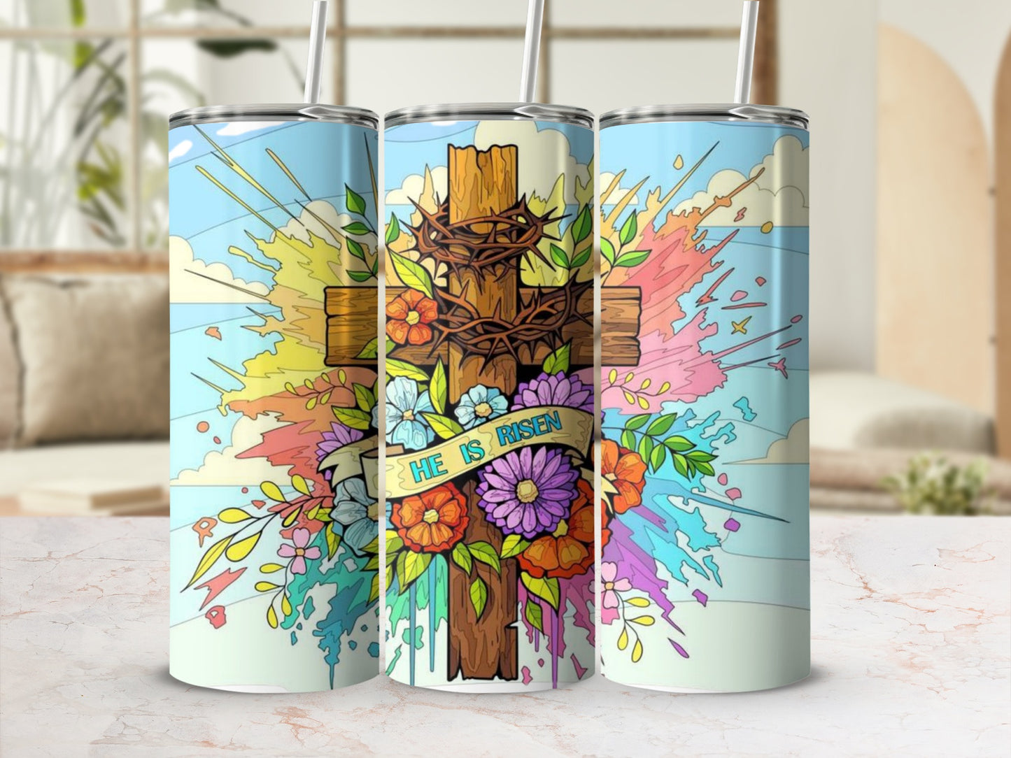 He is Risen Floral Cross Art Stainless Steel Tumbler