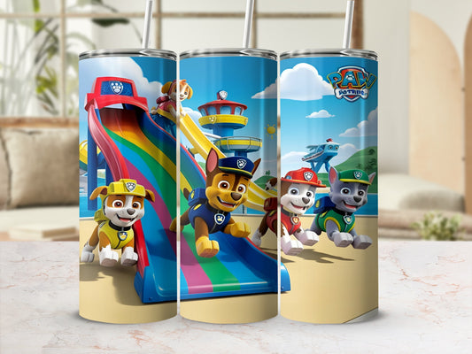 Paw Patrol characters slide down a rainbow water slide.