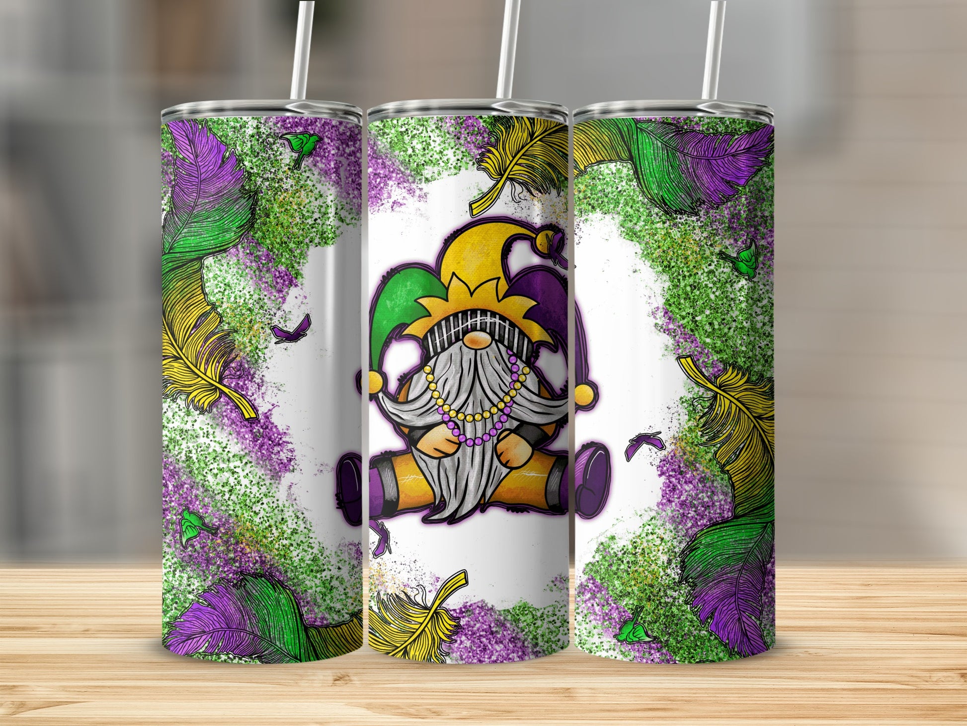 Mardi Gras gnome with purple and green feathers and glitter.