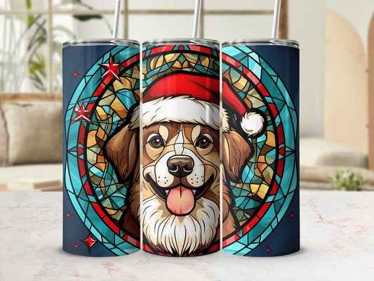 Three dog face tumblers with stained glass and Christmas hat design.