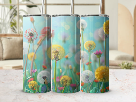 Three tumblers with dandelion and meadow flower designs.