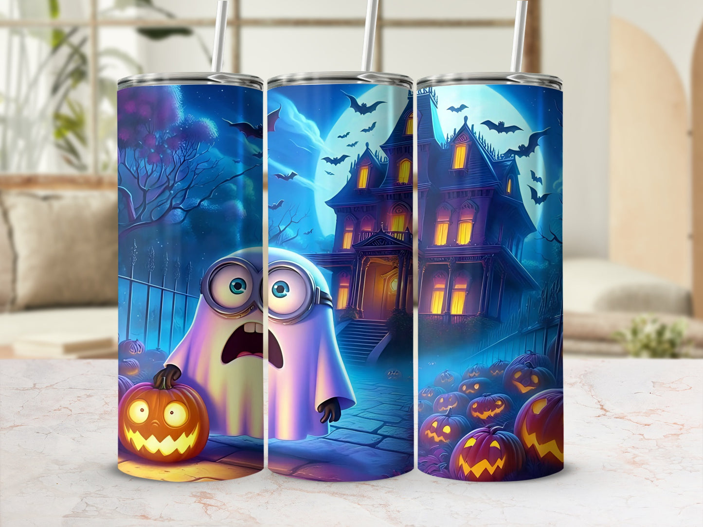 Minion dressed as a ghost holding a jack-o'-lantern, haunted house, bats, pumpkins.