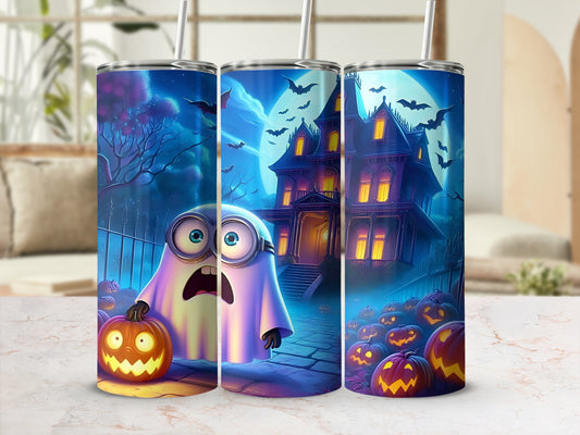 Minion dressed as a ghost holding a jack-o'-lantern, haunted house, bats, pumpkins.