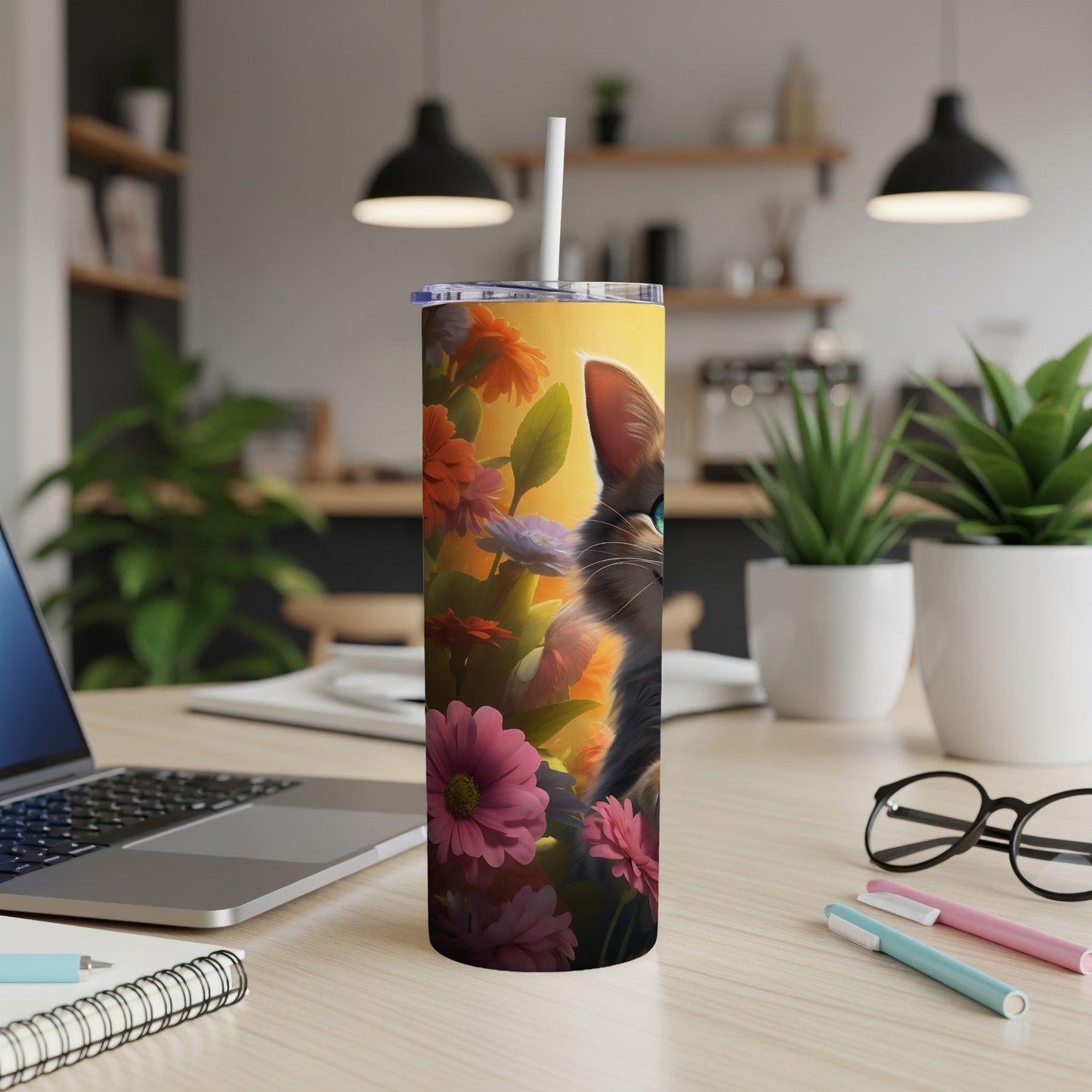 Cat among flowers on a personalized tumbler.