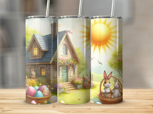 Easter-themed tumblers with bunnies, eggs, and a sunlit cottage scene.