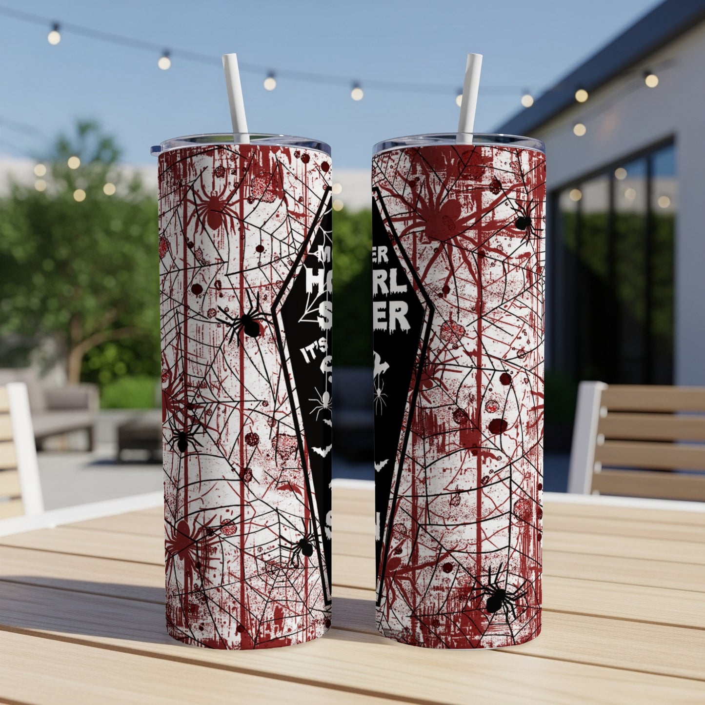 White tumbler with red splatters and spiders, "Mother of a Monster Slayer" text.