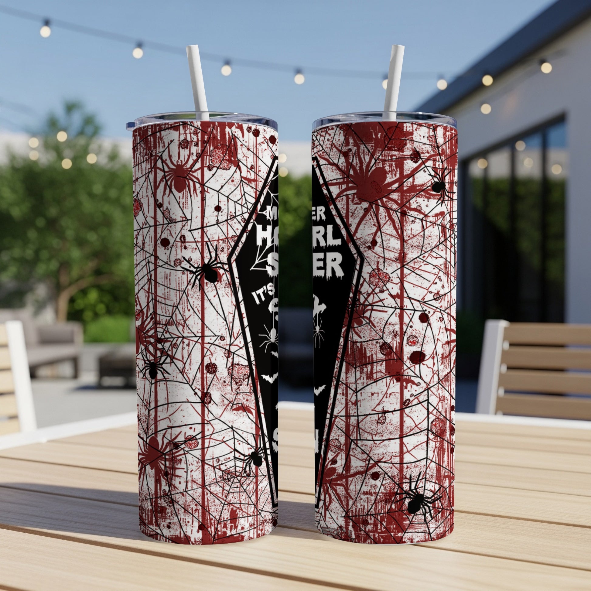 White tumbler with red splatters and spiders, "Mother of a Monster Slayer" text.