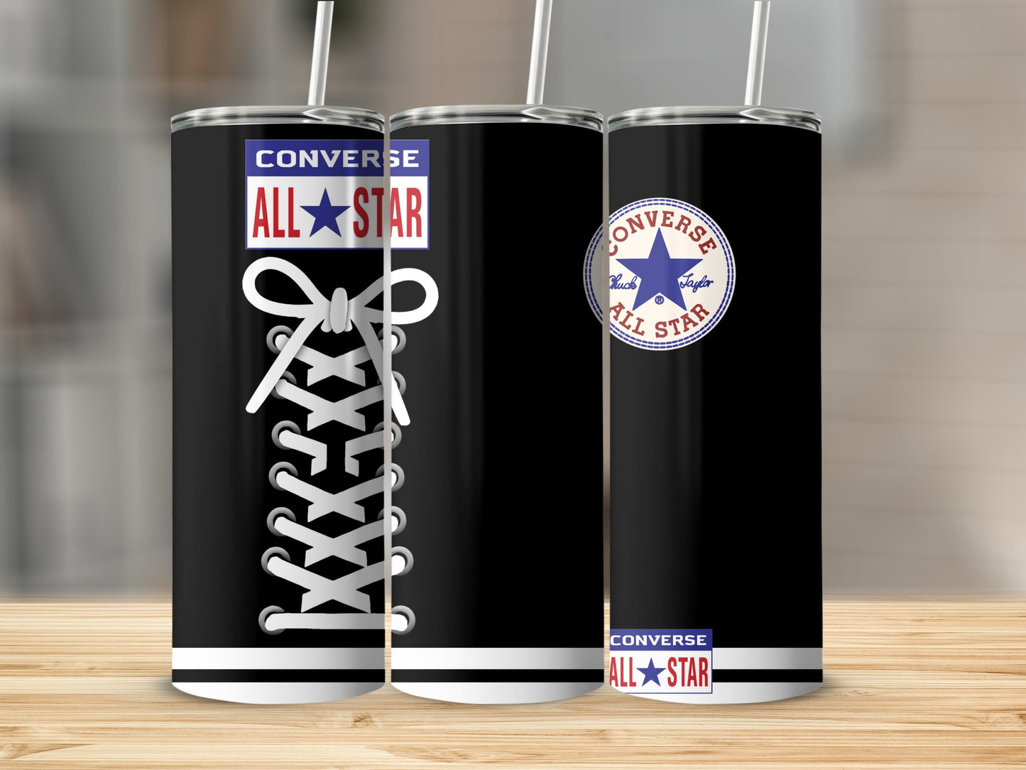 Converse All Star tumbler with white laces and blue star logo.