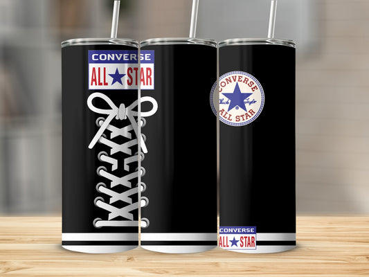 Converse All Star tumbler with white laces and blue star logo.