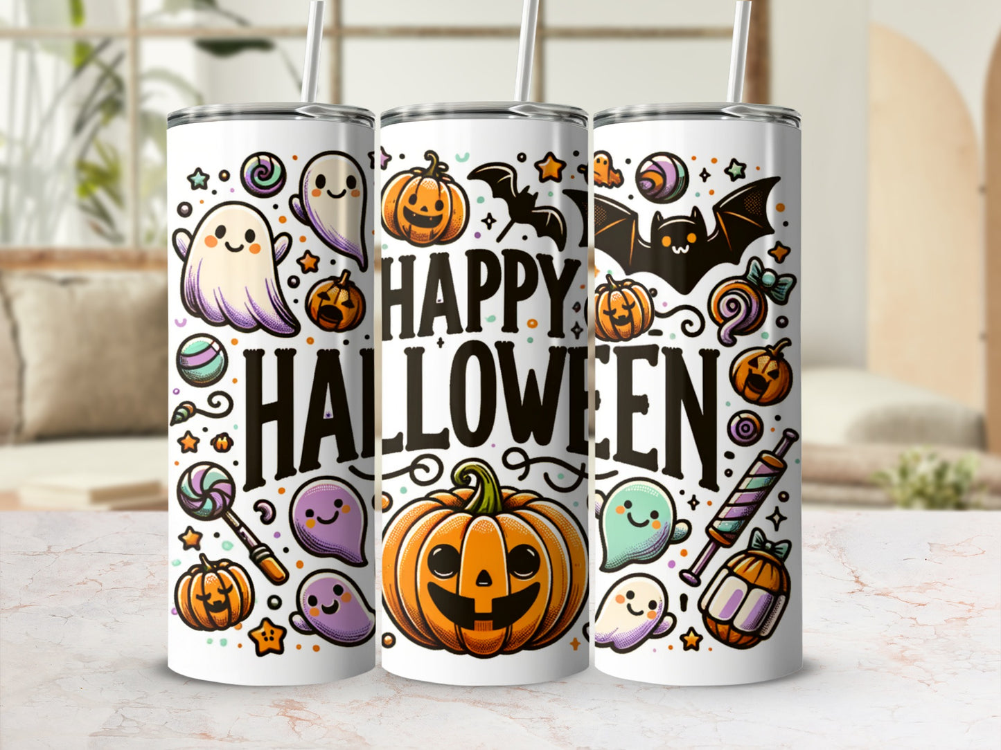 Three tumblers with "Happy Halloween" text and cartoon ghosts, bats, and pumpkins.
