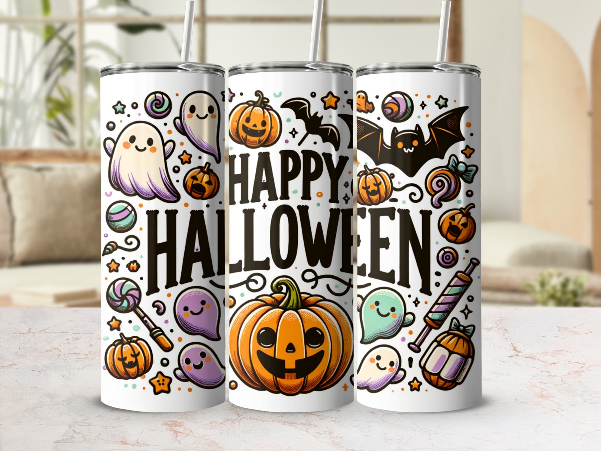 Three tumblers with "Happy Halloween" text and cartoon ghosts, bats, and pumpkins.
