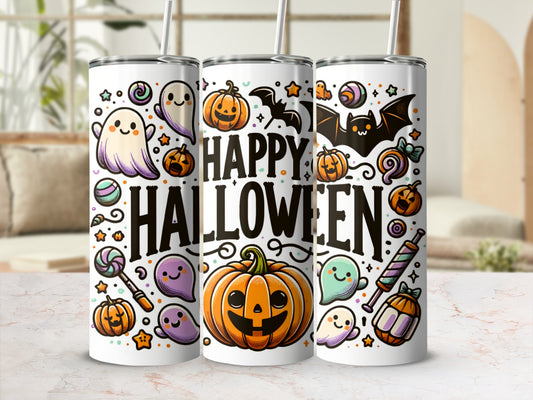 Three tumblers with "Happy Halloween" text and cartoon ghosts, bats, and pumpkins.