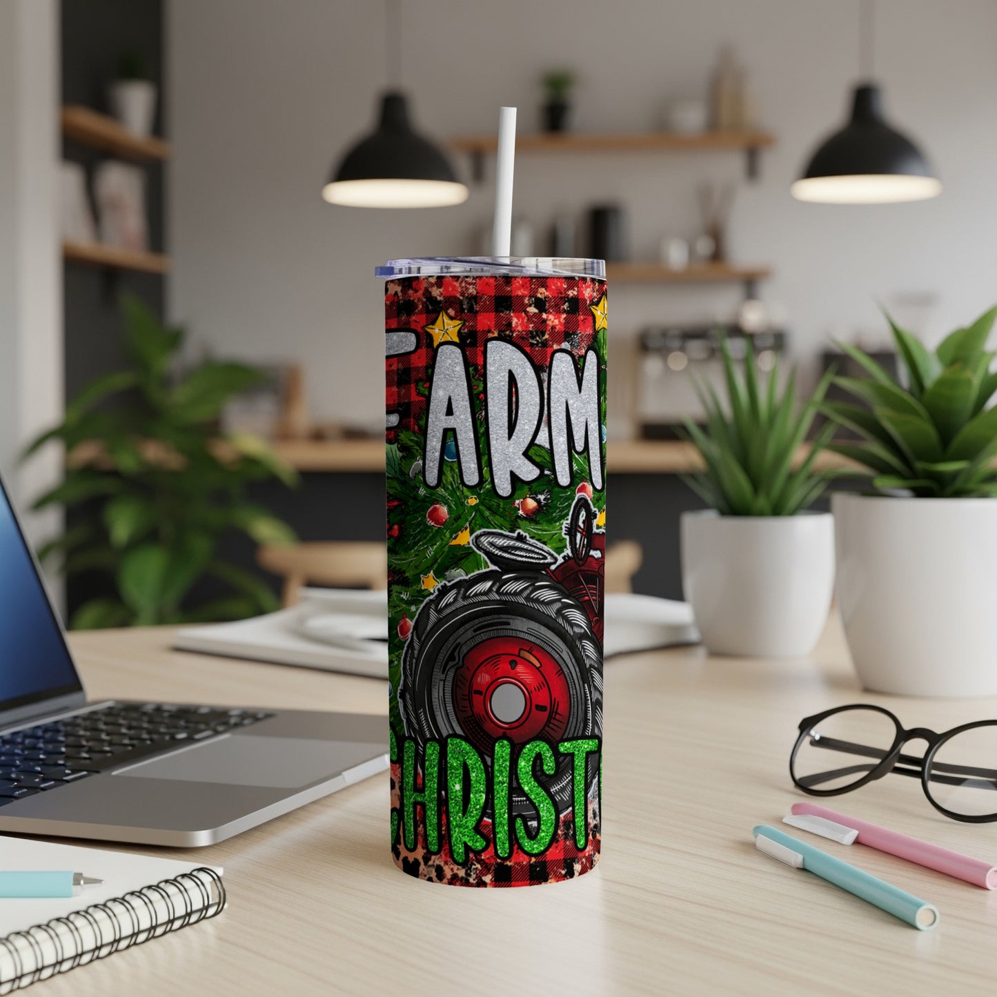 Red and green plaid tumbler with tractor and "Farm Christmas" text.